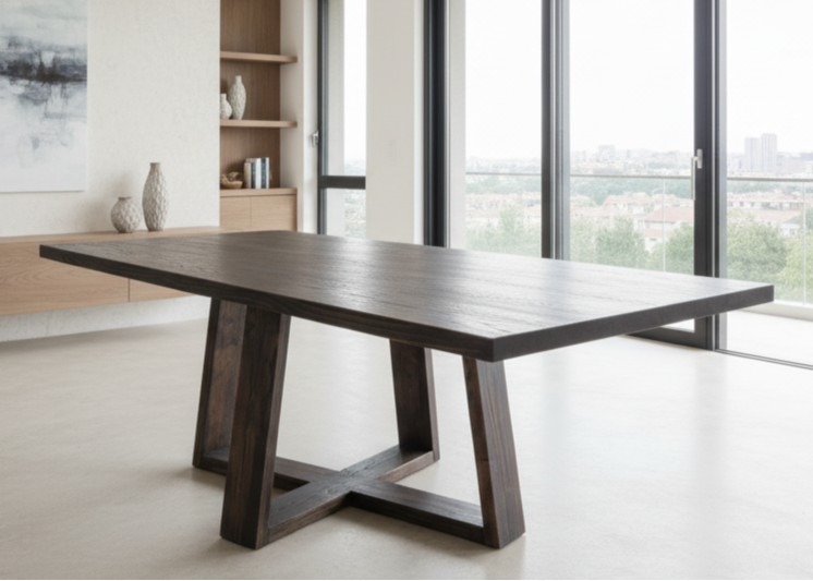A large rectangular farmhouse-style dining table made of solid wood, supported by cross-shaped wooden trestle legs at each end, displayed in a warmly lit dining room.