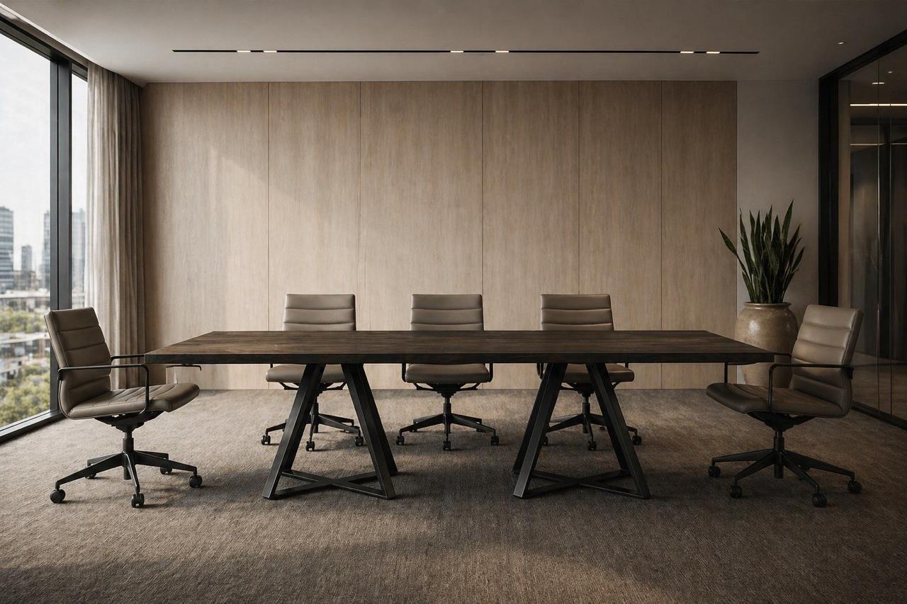 Rectangular dark timber boardroom table with black trestle-style bases in a warm meeting room