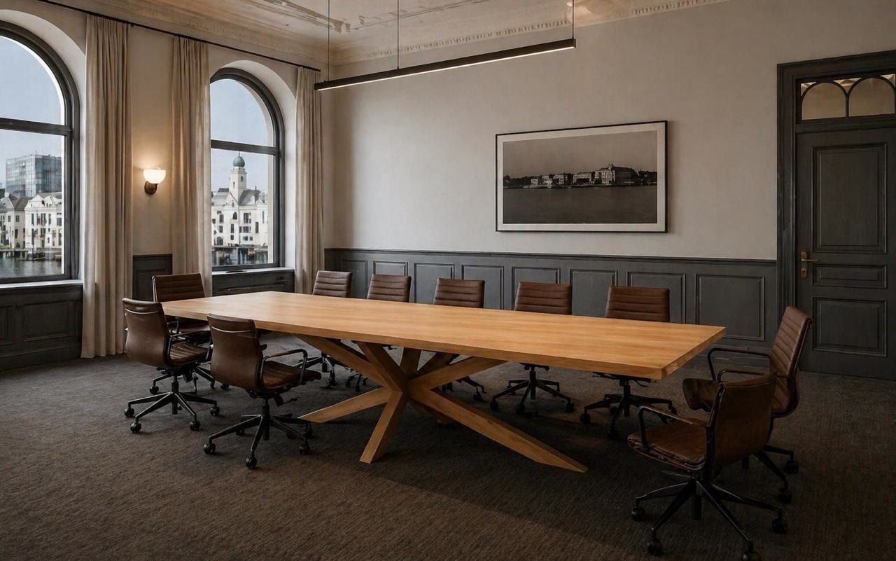 Rectangular natural timber boardroom table with sculptural crossed timber base in a formal meeting room