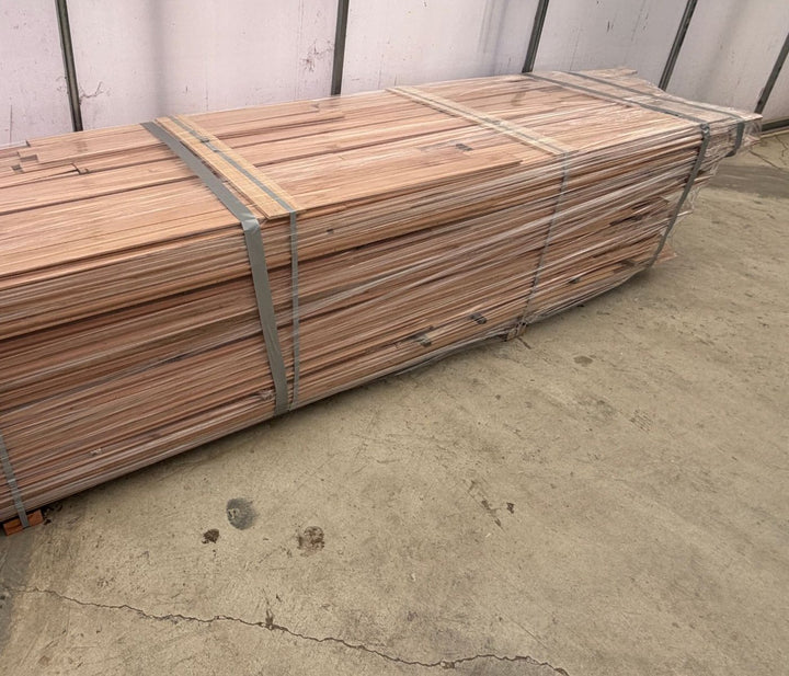 Beech flooring strapped and wrapped in a bundle, ready for delivery