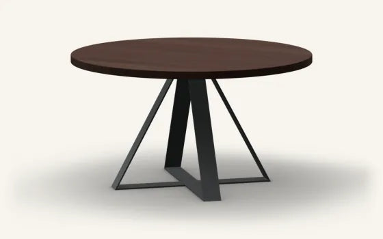 Render of a round Tōtara dining table, Blackwash finish, on the Crossroads base in Charcoal steel