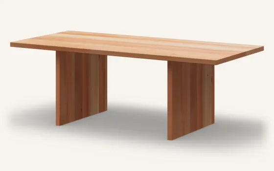 Render of a rectangular Tōtara dining table, Natural finish, on the Headland base in solid timber