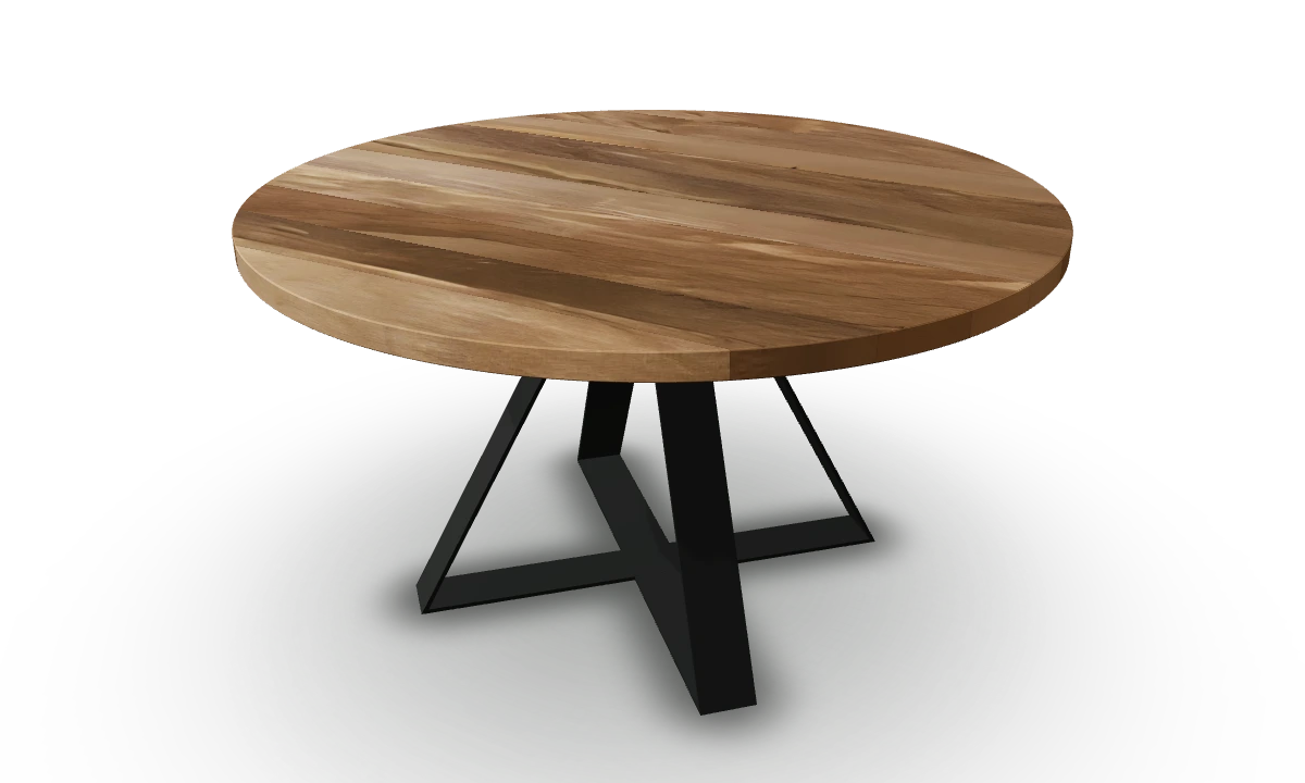 Round Crossroads table in Rimu Natural with a black steel base — studio render