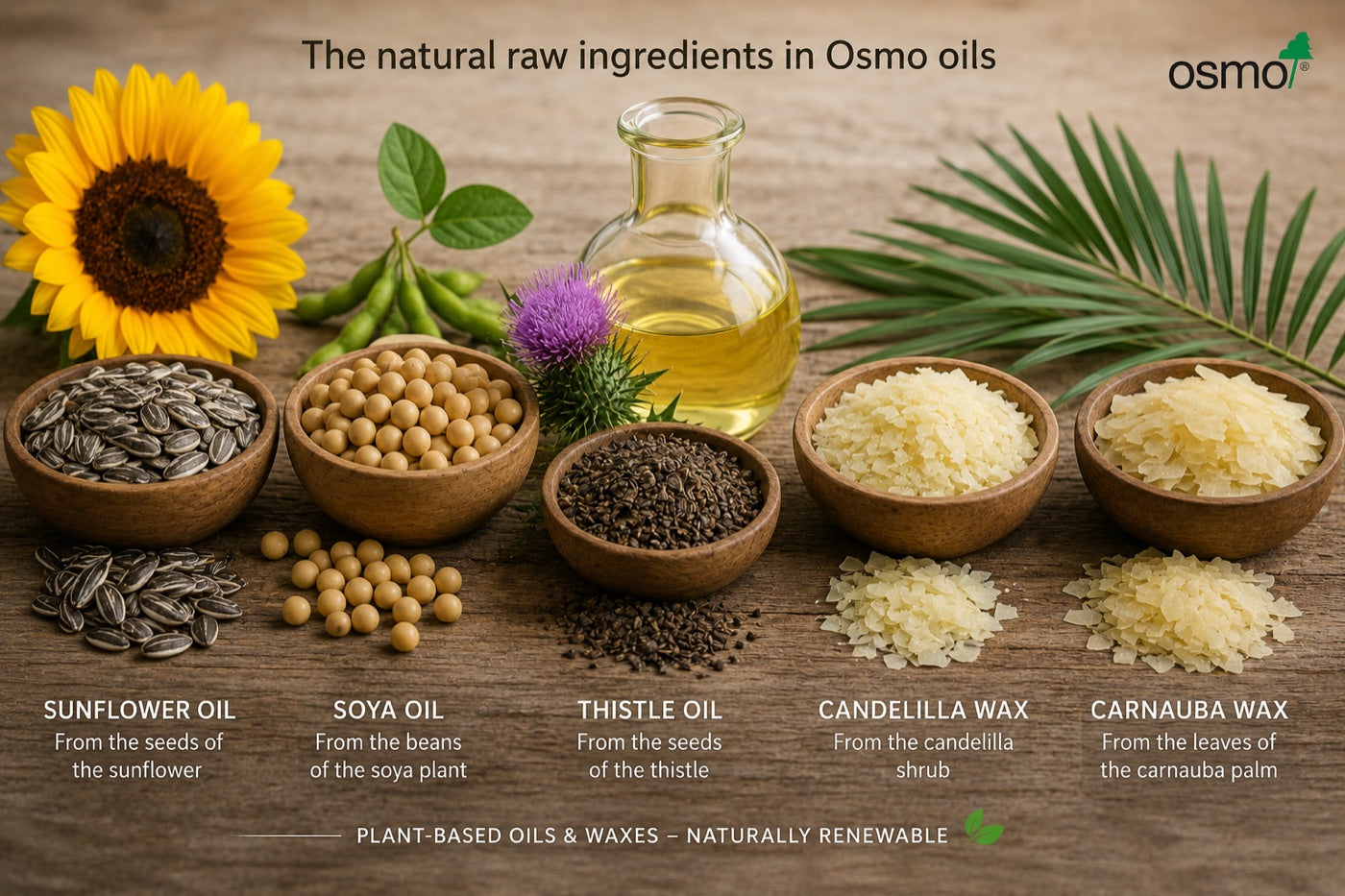 Natural oil ingredients including plant oils, waxes, seeds and nuts.